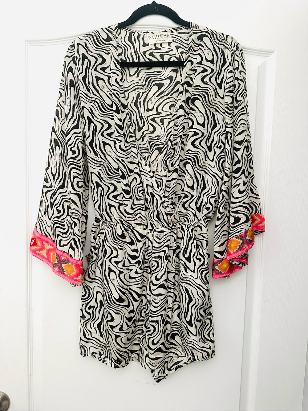 PAHIESA silk Swirl Romper with Pink Embroidered Cuffs M/L